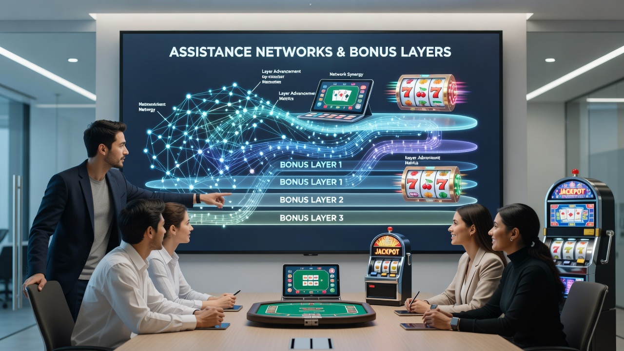 Illustration von Unterstützungsnetzwerken in mobilen Casino-Umgebungen mit Fokus auf Slot- und Tischspiele