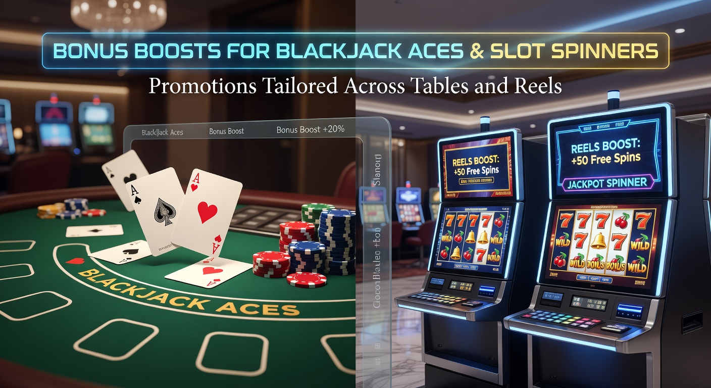 Ein dynamisches Blackjack-Tisch-Setup mit leuchtenden Asen-Karten und Slot-Maschinen im Hintergrund, die Bonus-Symbole zeigen