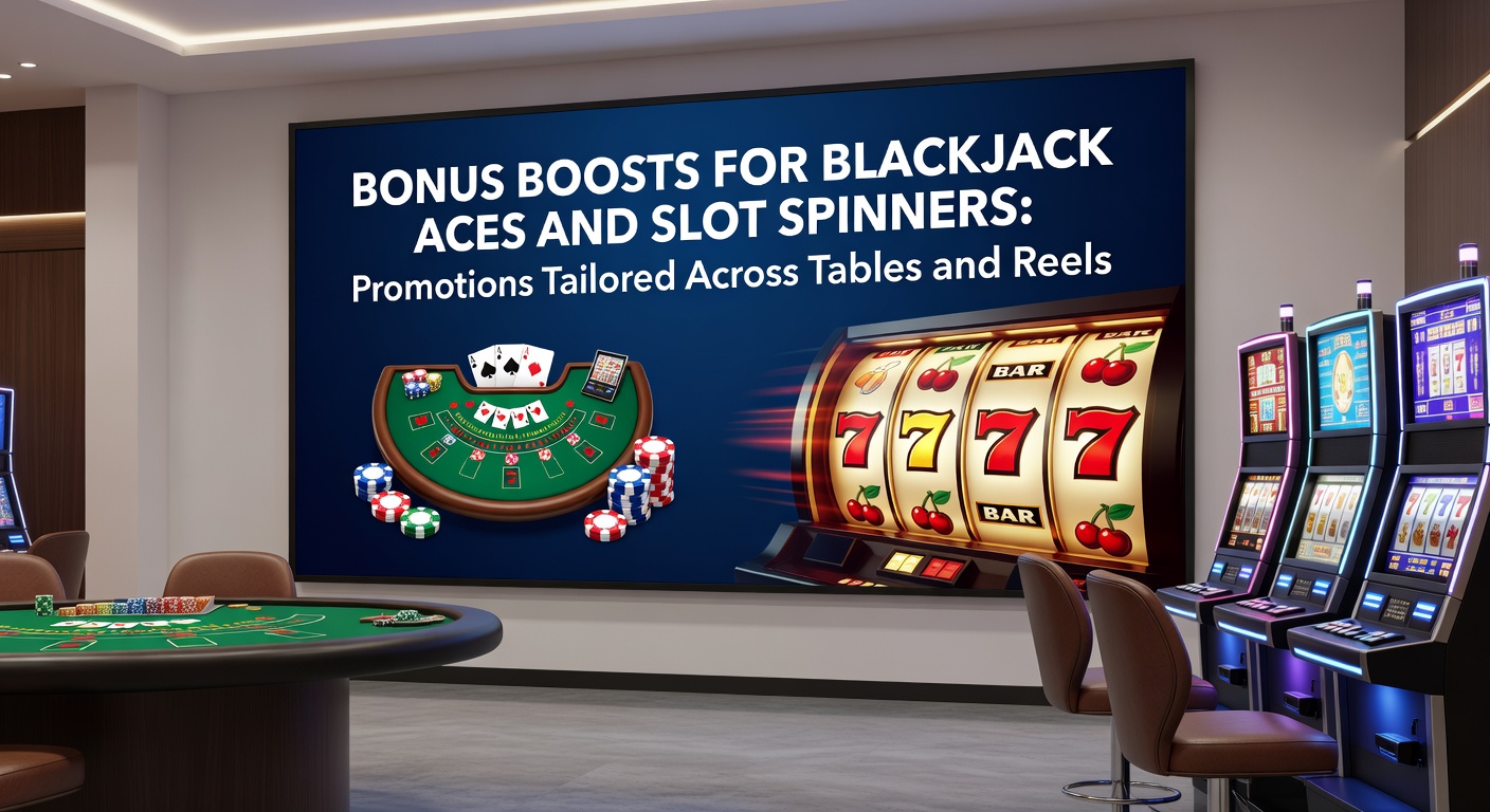 Slot-Reels mit explodierenden Bonus-Symbolen neben einem Blackjack-Tisch, der Ace-Boosts hervorhebt