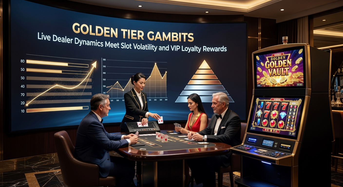 Live-Dealer-Tisch mit goldenen VIP-Elementen und volatilen Slot-Symbolen im Hintergrund