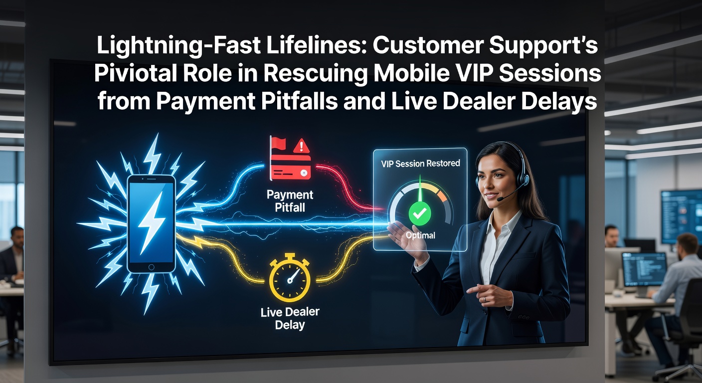 Ein Support-Teammitglied hilft einem VIP-Spieler per Chat während einer mobilen Session, mit Symbolen für schnelle Zahlungsabwicklungen und Live-Dealer-Tische im Hintergrund