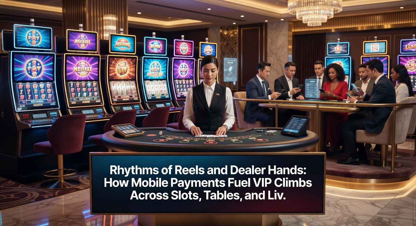 Live-Dealer streamt Blackjack auf Tablet, während Slot-Reels im Hintergrund drehen und Zahlungs-App geöffnet ist
